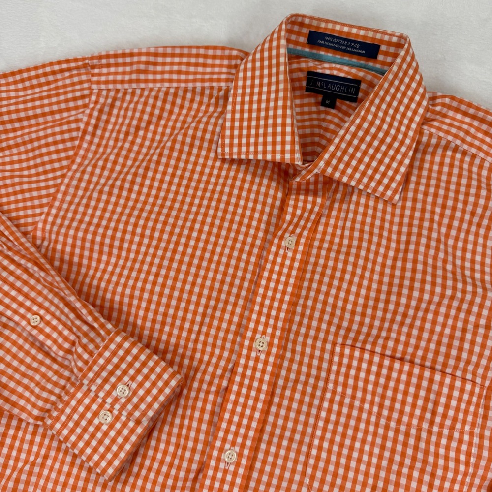 J. McLaughlin Mens Orange Gingham Check 100% Cotton‎ 2-Ply Button Down Shirt M